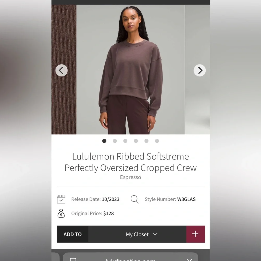 Lululemon Ribbed Softstreme Perfectly Oversized Cropped‎ Crew Espresso Size 4